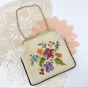 Vintage Cross Stitch Needlepoint Purse Wool Cream with Multi-color Flowers